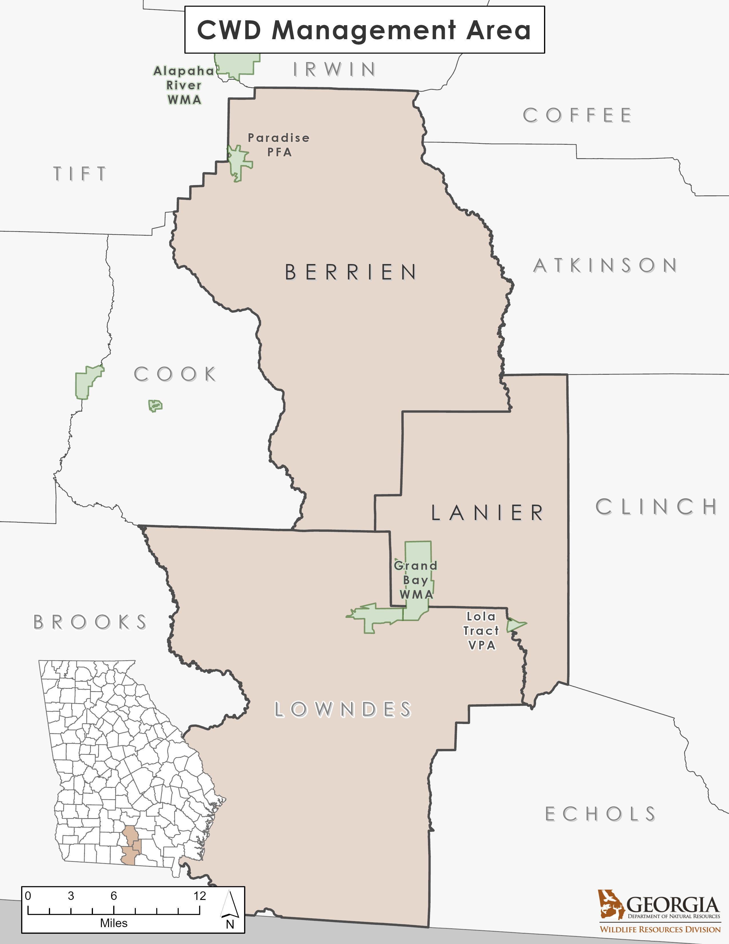 CWD management Area Map of affected counties: Berries, Lanier, Lowndes