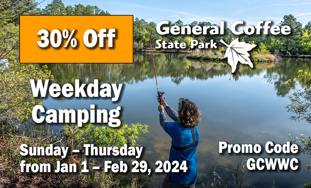 30% off camping Sunday – Thursday from January 1st – February 29th, 2024 with Promo Code GCWWC